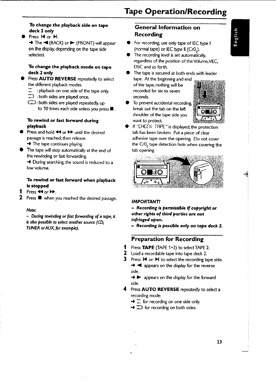 General information on recording, Preparation for recording, Preparation for recording -24 | 1 press-^orw, Tape operation/recording | Philips FWC87037 User Manual | Page 23 / 30