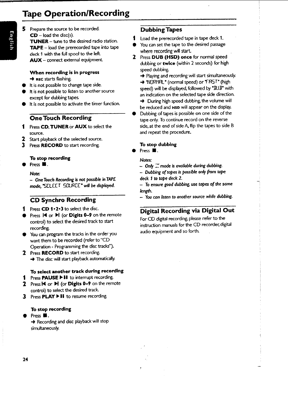 When recording is in progress, One touch recording, To stop recording | Cd synchro recording, To select another track during recording, Dubbing tapes, Digital recording via digital out, Tape operation/recording | Philips FWC87037 User Manual | Page 24 / 30
