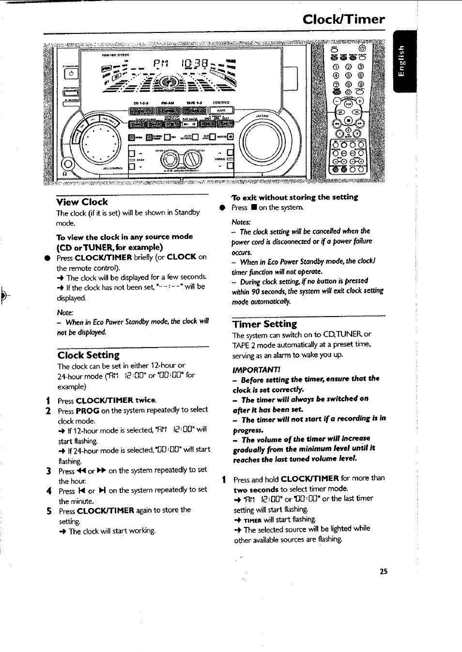 View clock, Clock setting, 1 press clock/timer twee | To exit without storing the setting, Timer setting, View clock s, Clock setting s, Timer setting -26, Clock/timer | Philips FWC87037 User Manual | Page 25 / 30