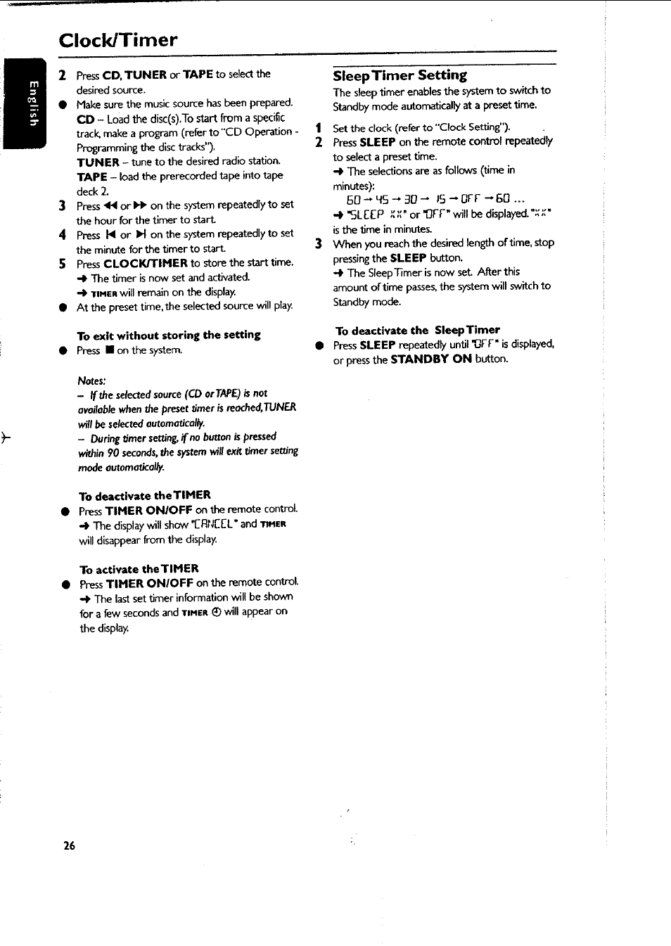 To exit without storing the setting, To deactivate the timer, To activate thetimer | Sleep timer setting, Clock/timer | Philips FWC87037 User Manual | Page 26 / 30