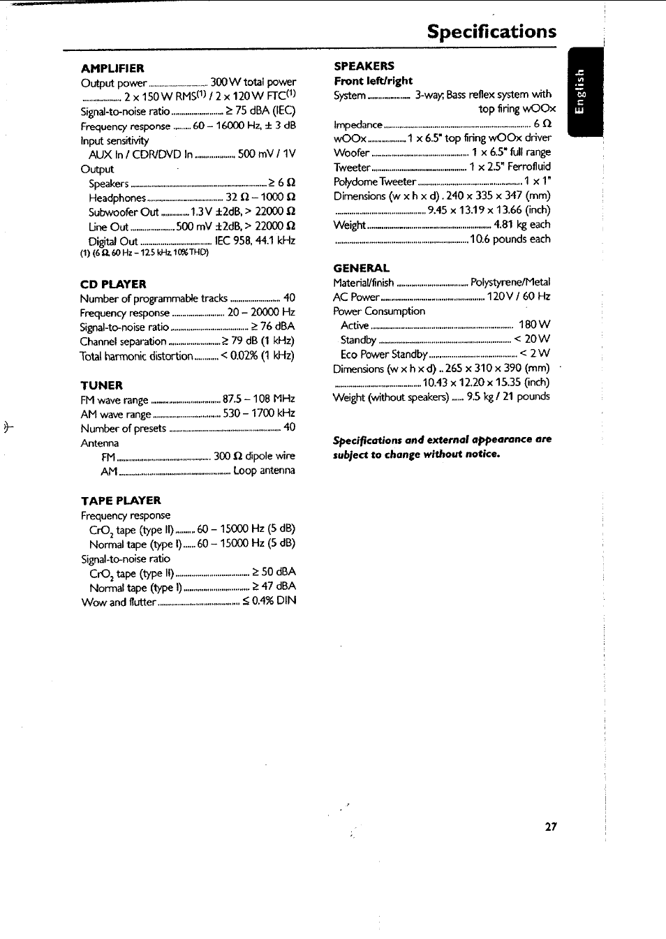 Amplifier, Cd player, Tuner | Tape player, General, Specifications | Philips FWC87037 User Manual | Page 27 / 30