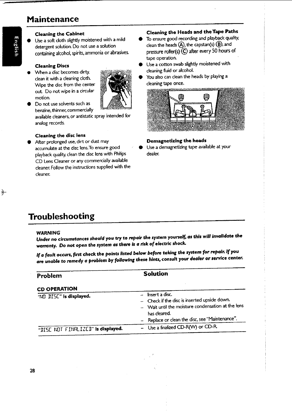 Cleaning the cabinet, Cleaning discs, Cleaning the disc lens | Cleaning the heads and the tape paths, Demagnetizing the heads, Maintenance, Troubleshooting, Problem solution | Philips FWC87037 User Manual | Page 28 / 30