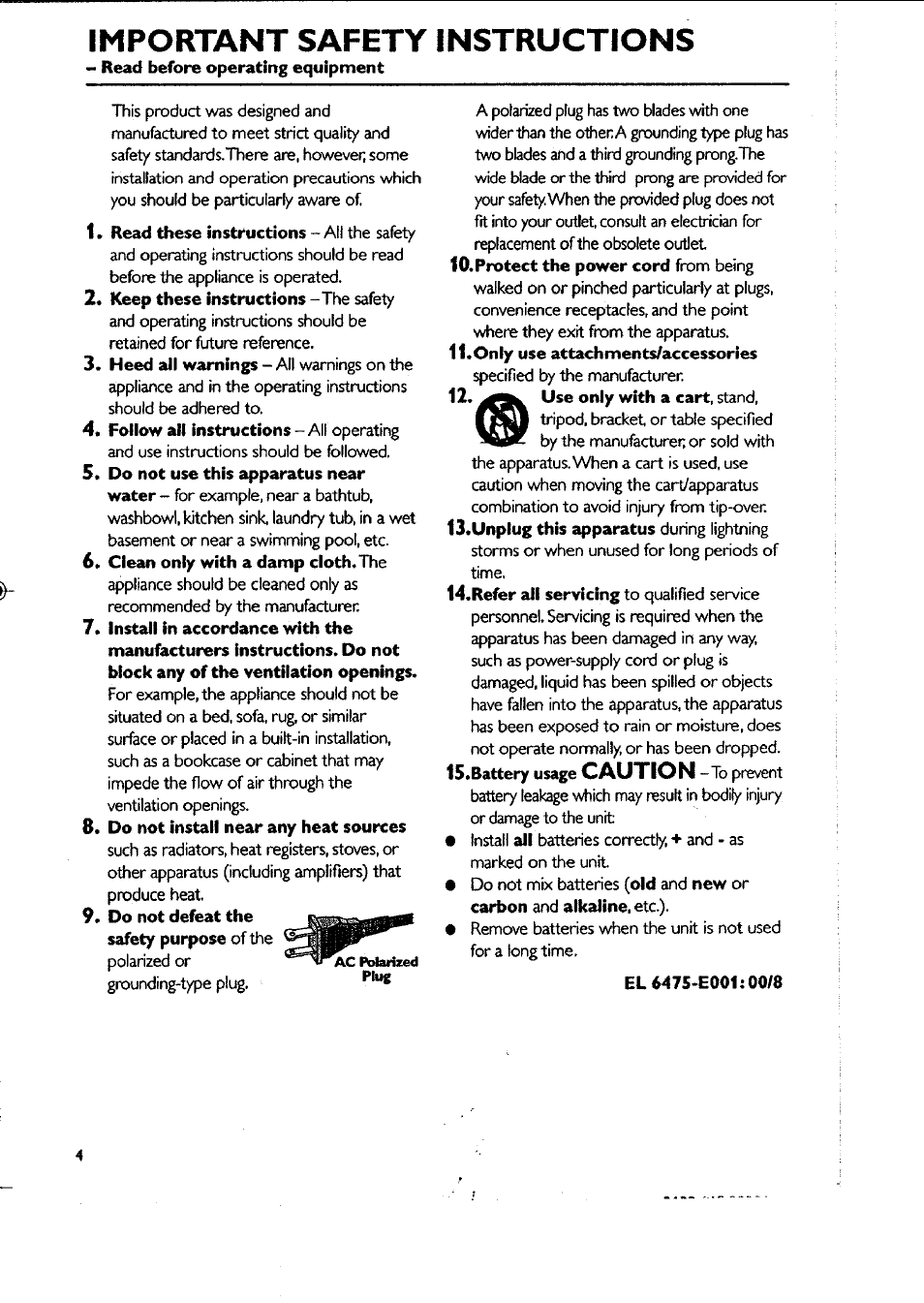 Do not install near any heat sources, Do not defeat the, El6475-e001:00/8 | Important safety instructions, Caution | Philips FWC87037 User Manual | Page 4 / 30