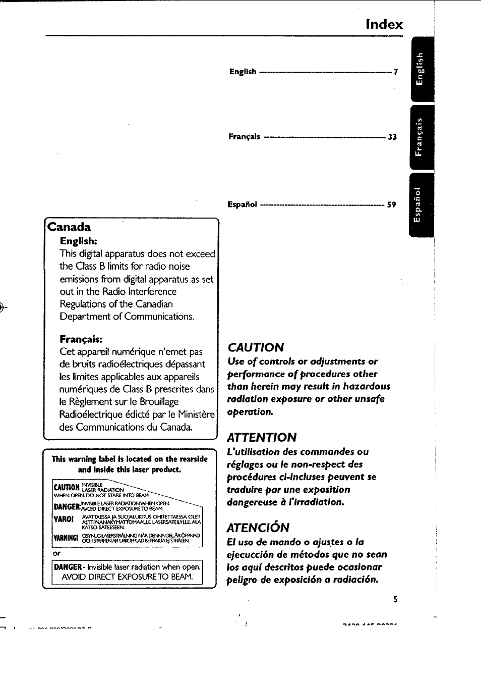 Français, Index, Caution | Attention, Atención, Canada | Philips FWC87037 User Manual | Page 5 / 30