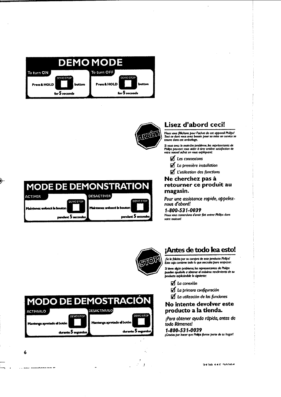 Ne cherchez pas à retourner ce produit au magasin, No intente devolver este producto a la tienda, Mode de demonstration | Lisez d’abord ceci, Antes de todo lea esto | Philips FWC87037 User Manual | Page 6 / 30