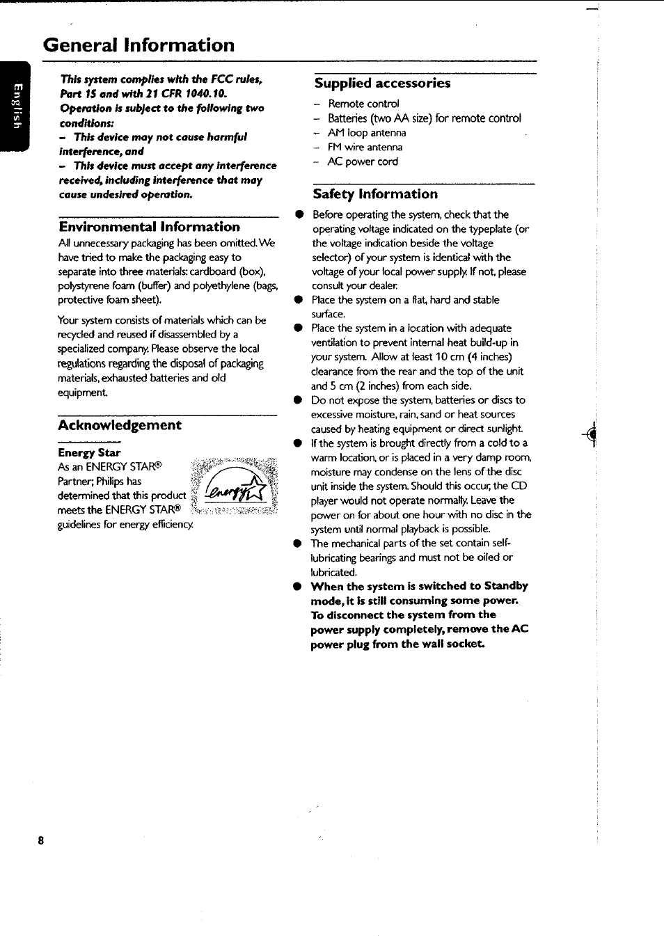 General information, Environmental information, Acknowledgement | Energy star, Supplied accessories, Safety information, Environmental inforn>ation | Philips FWC87037 User Manual | Page 8 / 30