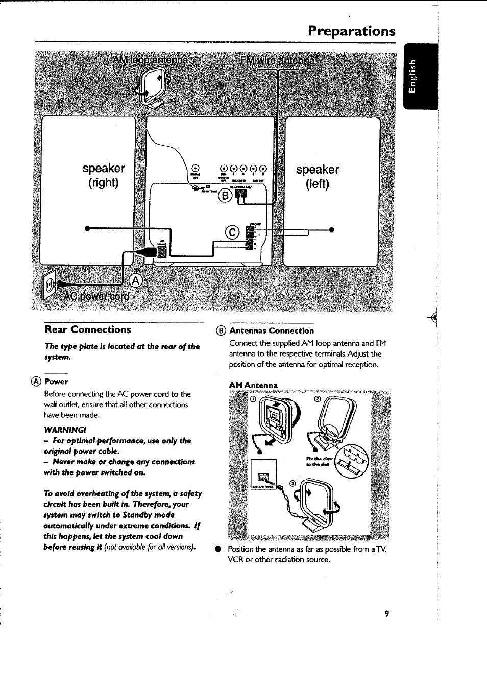 Preparations, Rear connections | Philips FWC87037 User Manual | Page 9 / 30