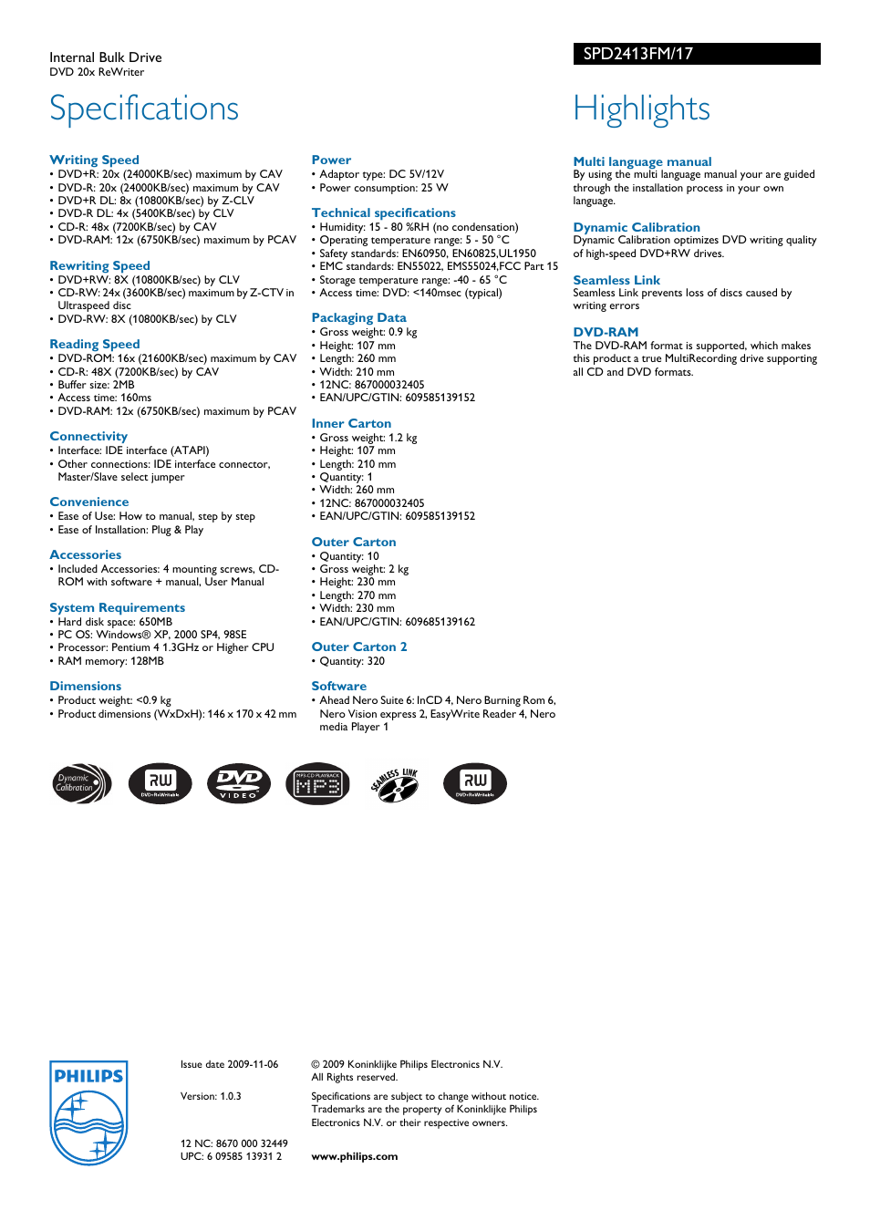 Specifications, Highlights | Philips SPD2413FM-17 User Manual | Page 2 / 2