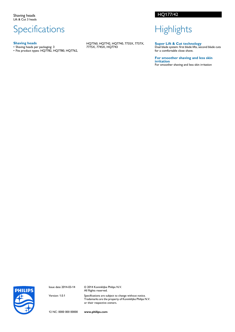 Shaving heads, Specifications, Super lift & cut technology | For smoother shaving and less skin irritation, Highlights | Philips HQ177-42 User Manual | Page 2 / 2