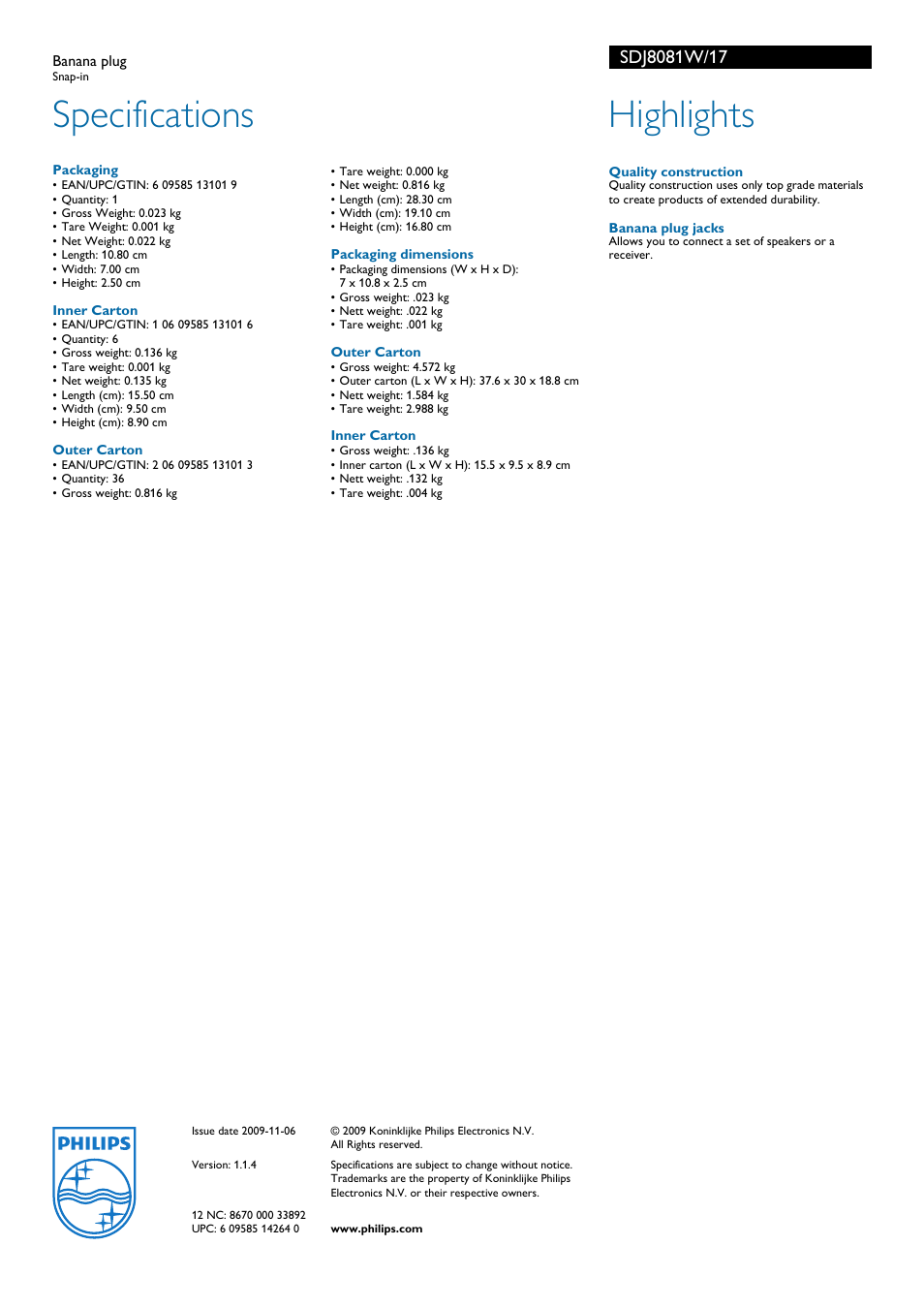 Banana plug, Specifications, Packaging dimensions | Outer carton, Inner carton, Quality construction, Banana plug jacks, Highlights, Philips | Philips SDJ8081W-17 User Manual | Page 2 / 2