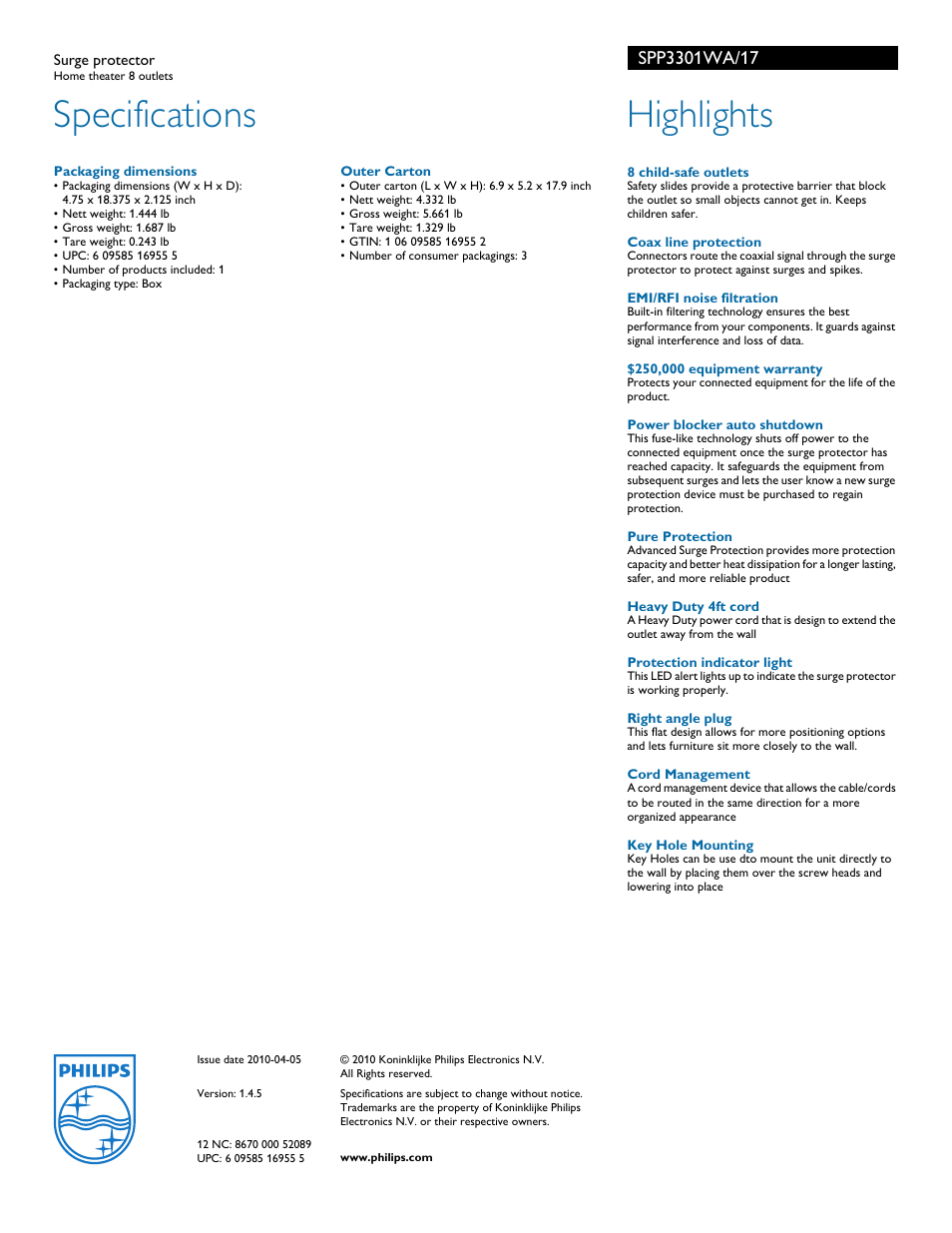 Specifications, Highlights | Philips SPP3301WA-17 User Manual | Page 2 / 2