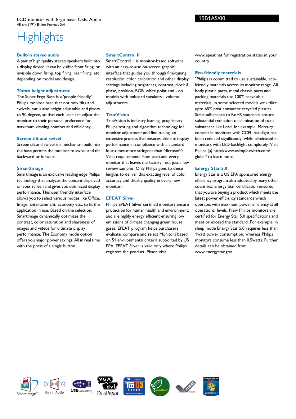 Highlights | Philips 19B1AS-00 User Manual | Page 2 / 3