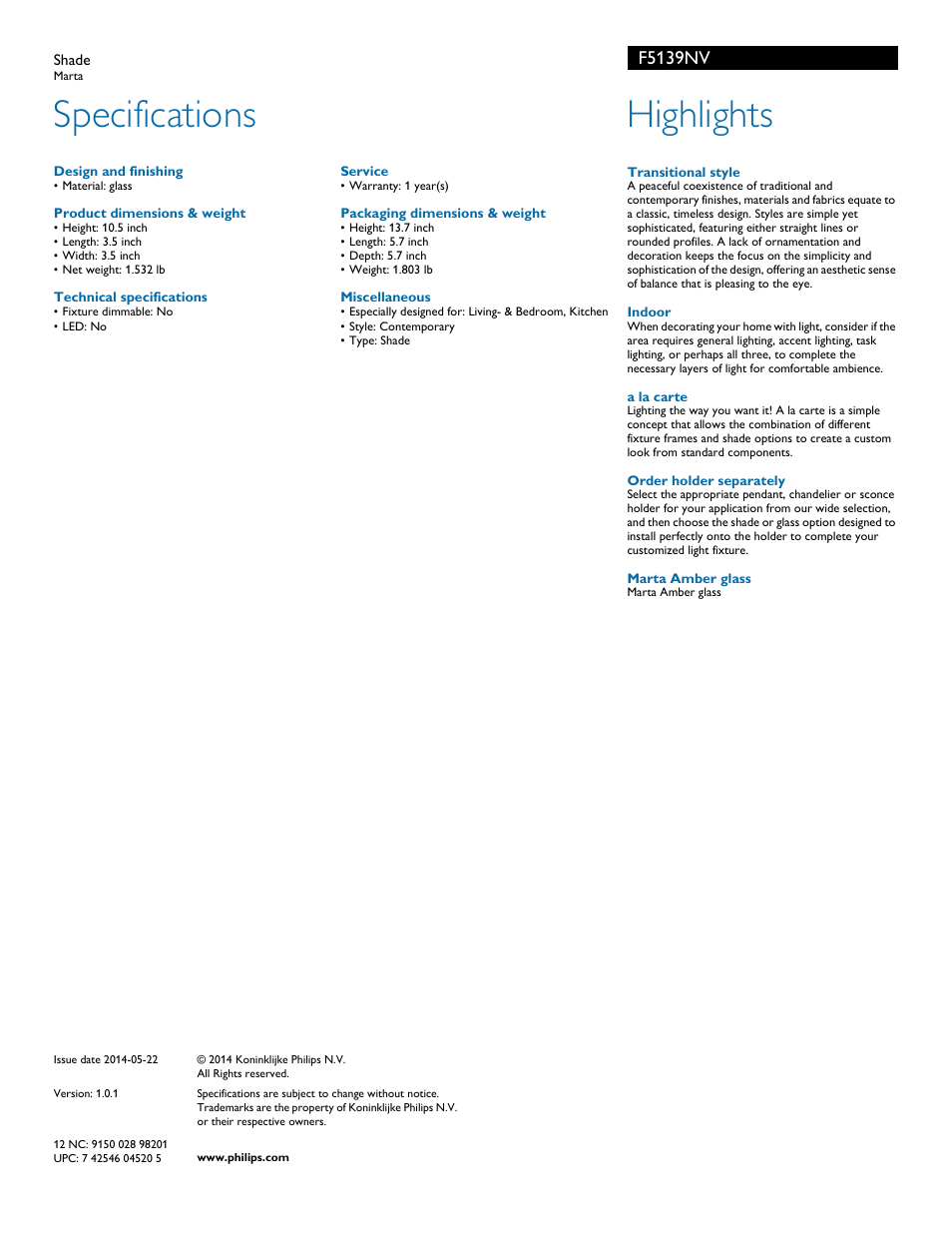 Specifications, Highlights, F5139nv | Philips F5139NV User Manual | Page 2 / 2