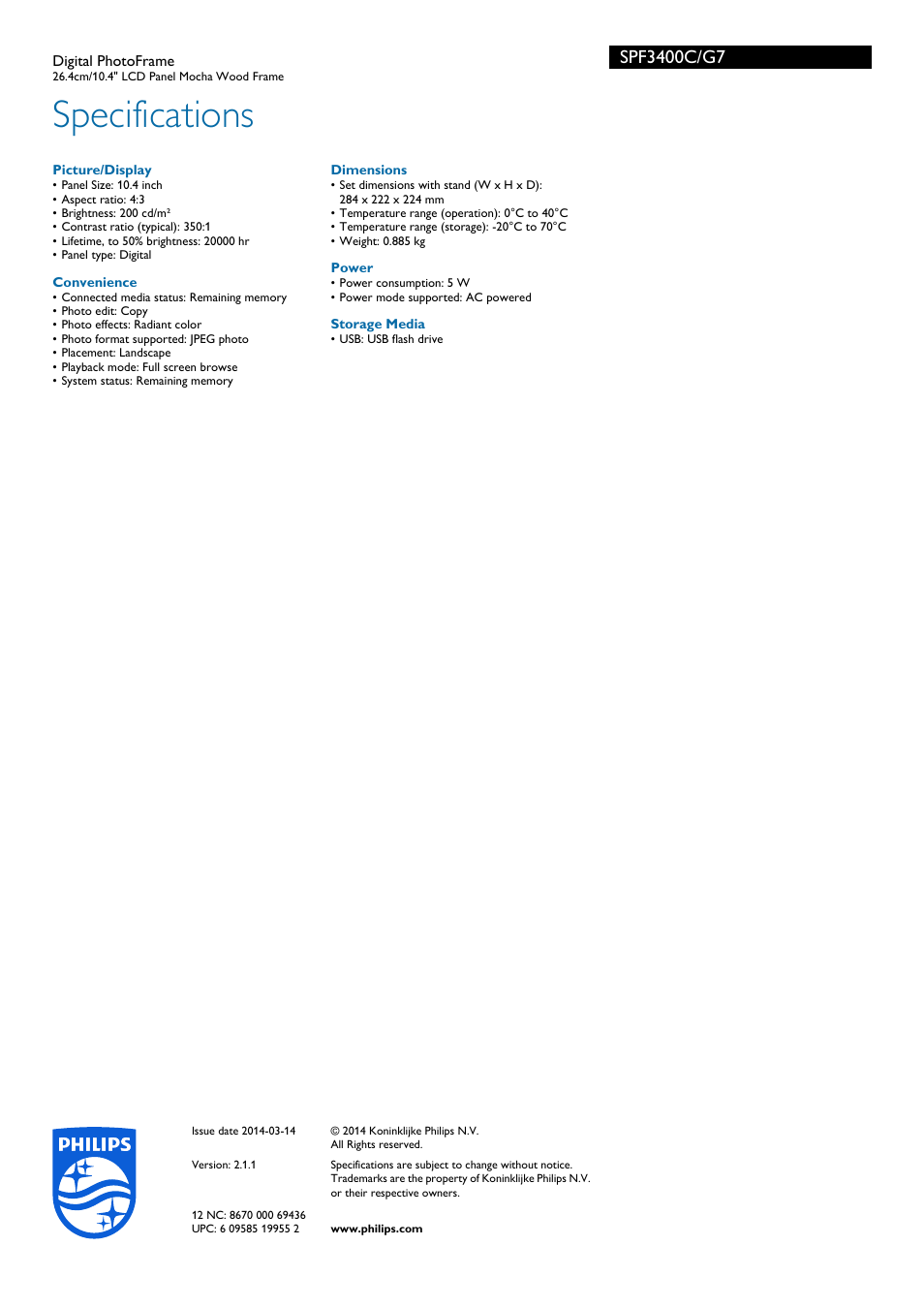 Specifications | Philips SPF3400C-G7 User Manual | Page 2 / 2