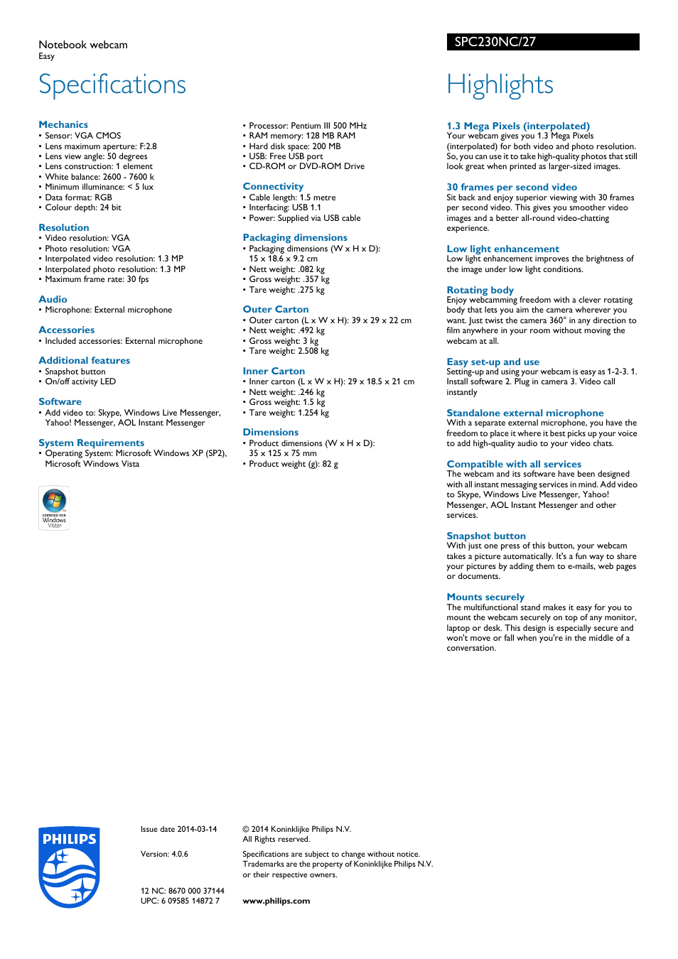 Specifications, Highlights | Philips SPC230NC-27 User Manual | Page 2 / 2