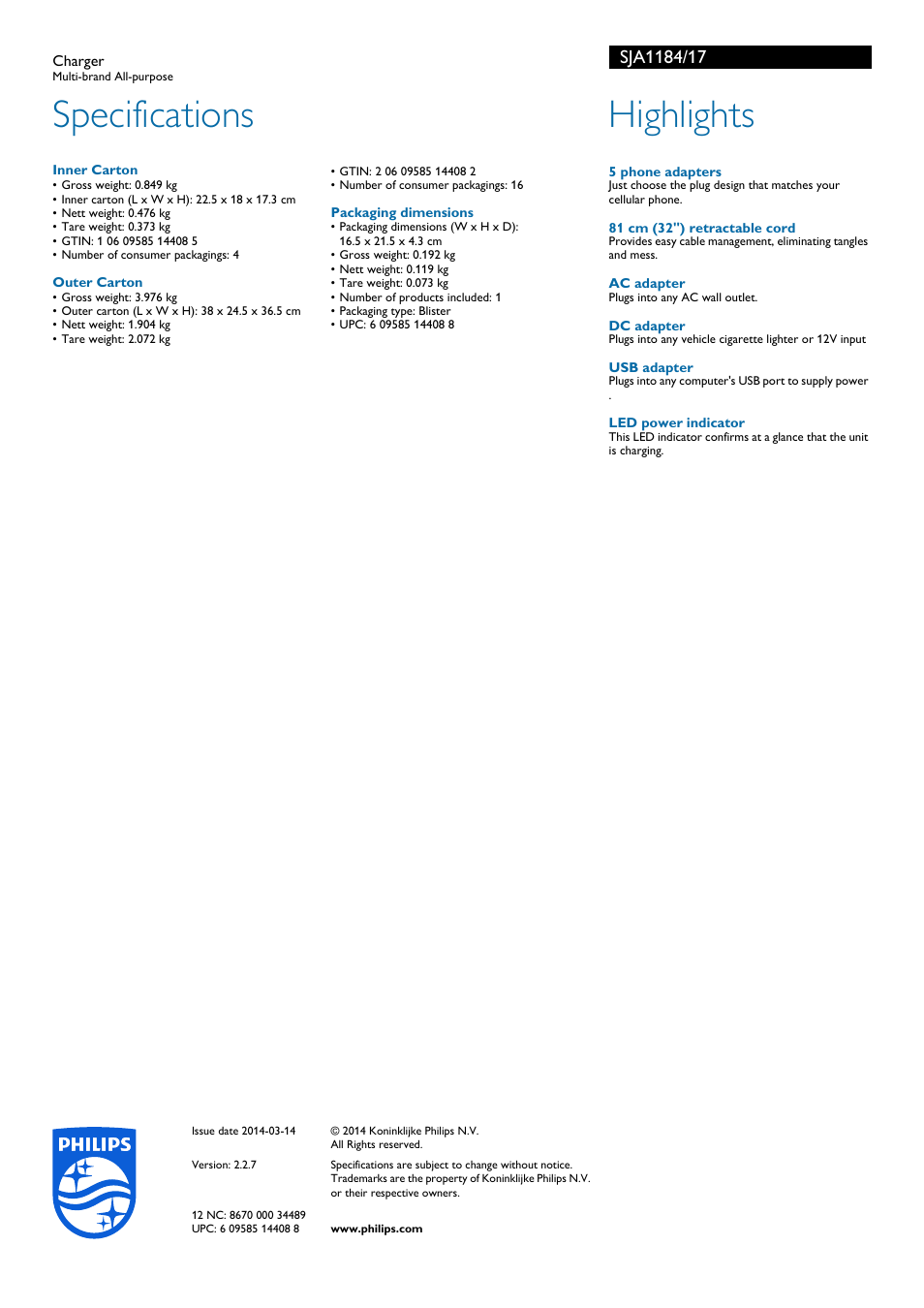 Specifications, Highlights | Philips SJA1184-17 User Manual | Page 2 / 2