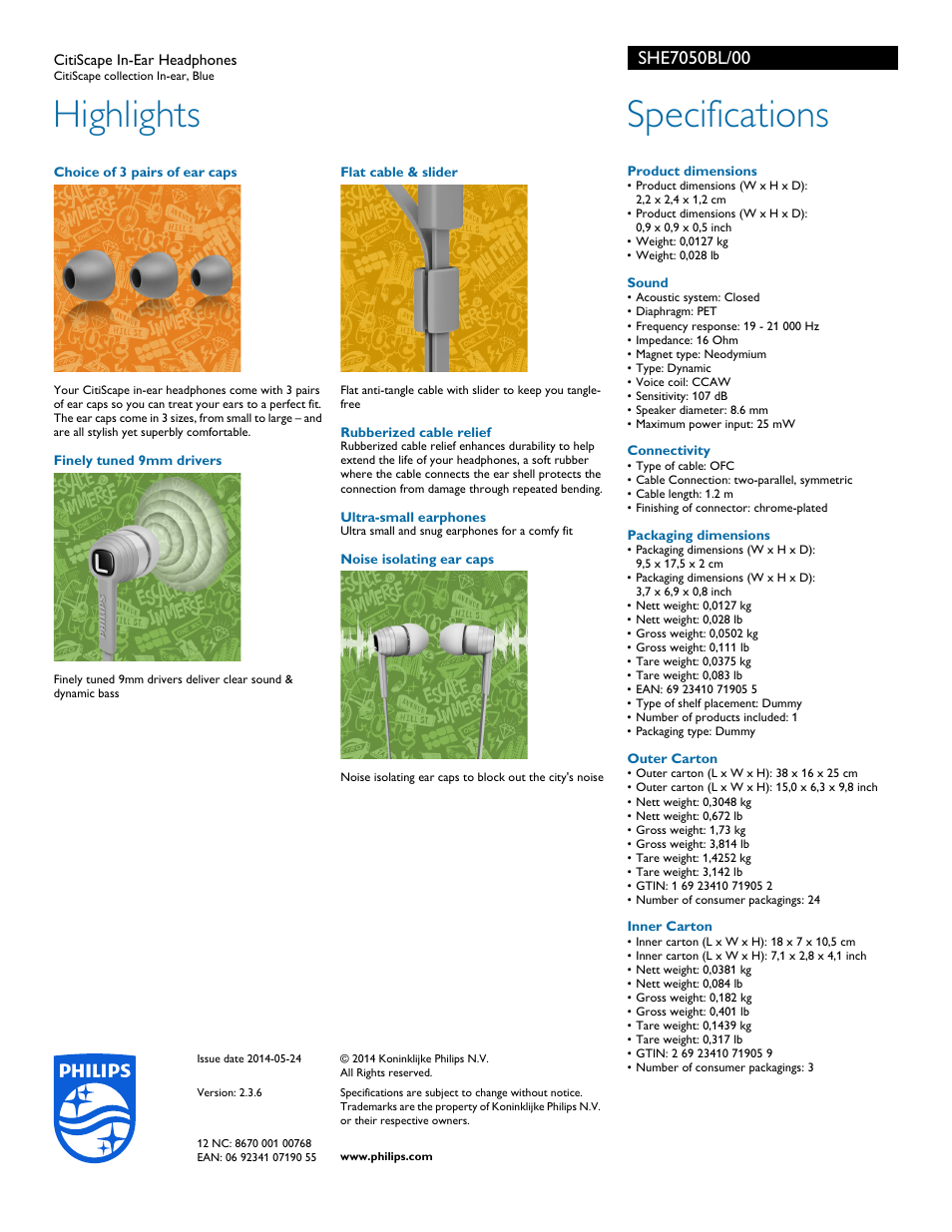 Highlights, Specifications | Philips SHE7050BL-00 User Manual | Page 2 / 2