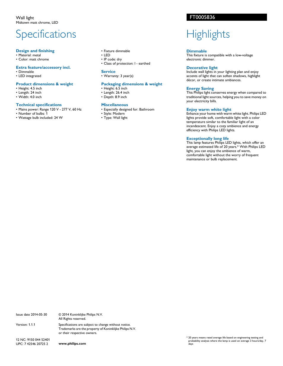 Specifications, Highlights | Philips Forecast Led indoor Wall light FT000-58-36 Midtown matt chrome LED User Manual | Page 2 / 2