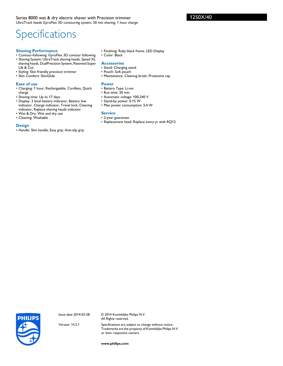 Specifications | Philips 1250X-40 User Manual | Page 3 / 3