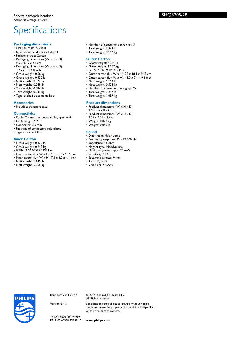 Specifications | Philips SHQ3205-28 User Manual | Page 3 / 3