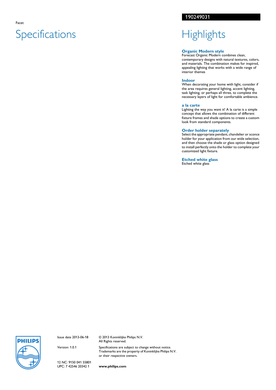 Specifications, Highlights | Philips 190249031 User Manual | Page 2 / 2