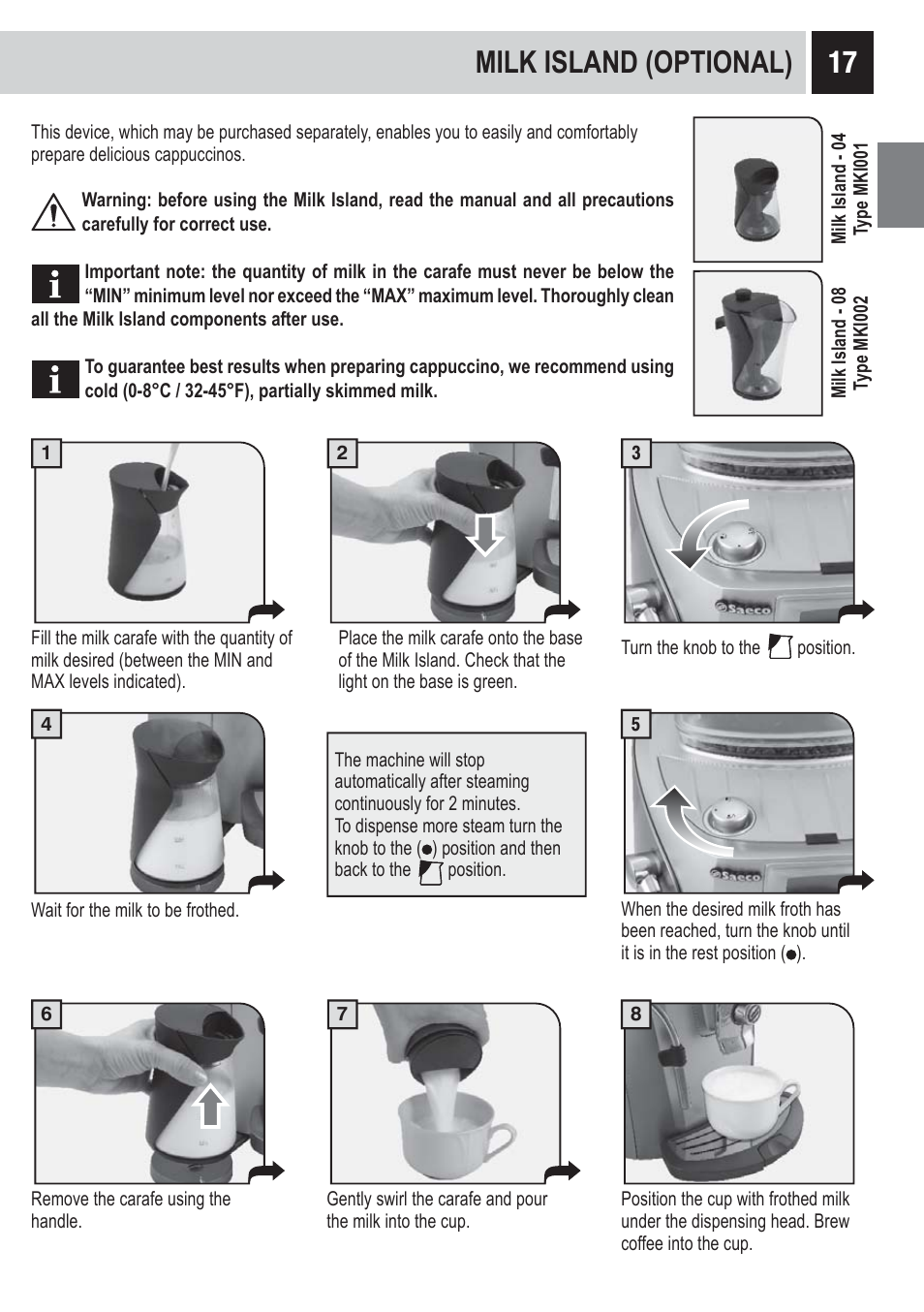 Milk island (optional) | Philips RI9828-47 User Manual | Page 19 / 40