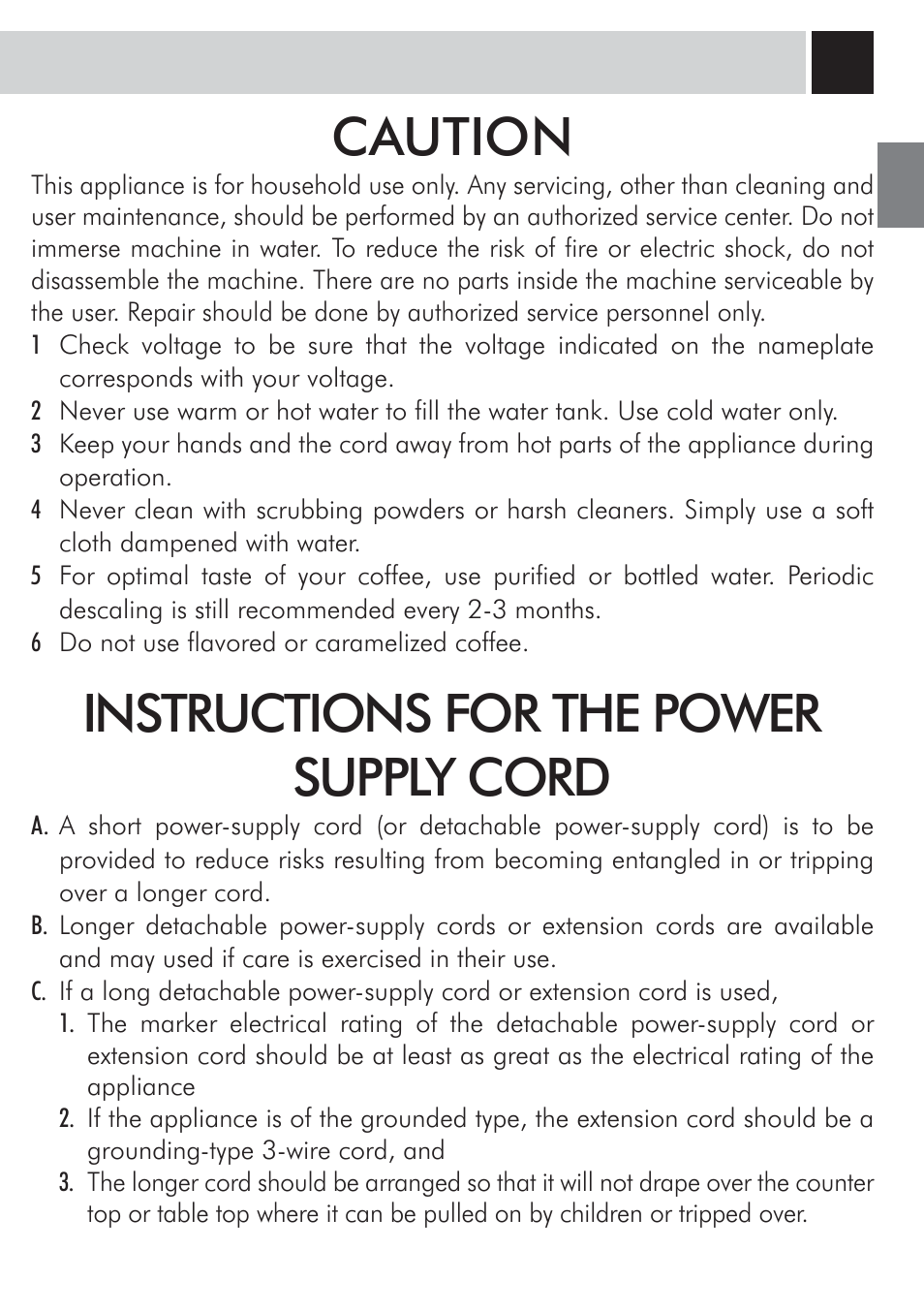 Caution, Instructions for the power supply cord | Philips RI9828-47 User Manual | Page 3 / 40