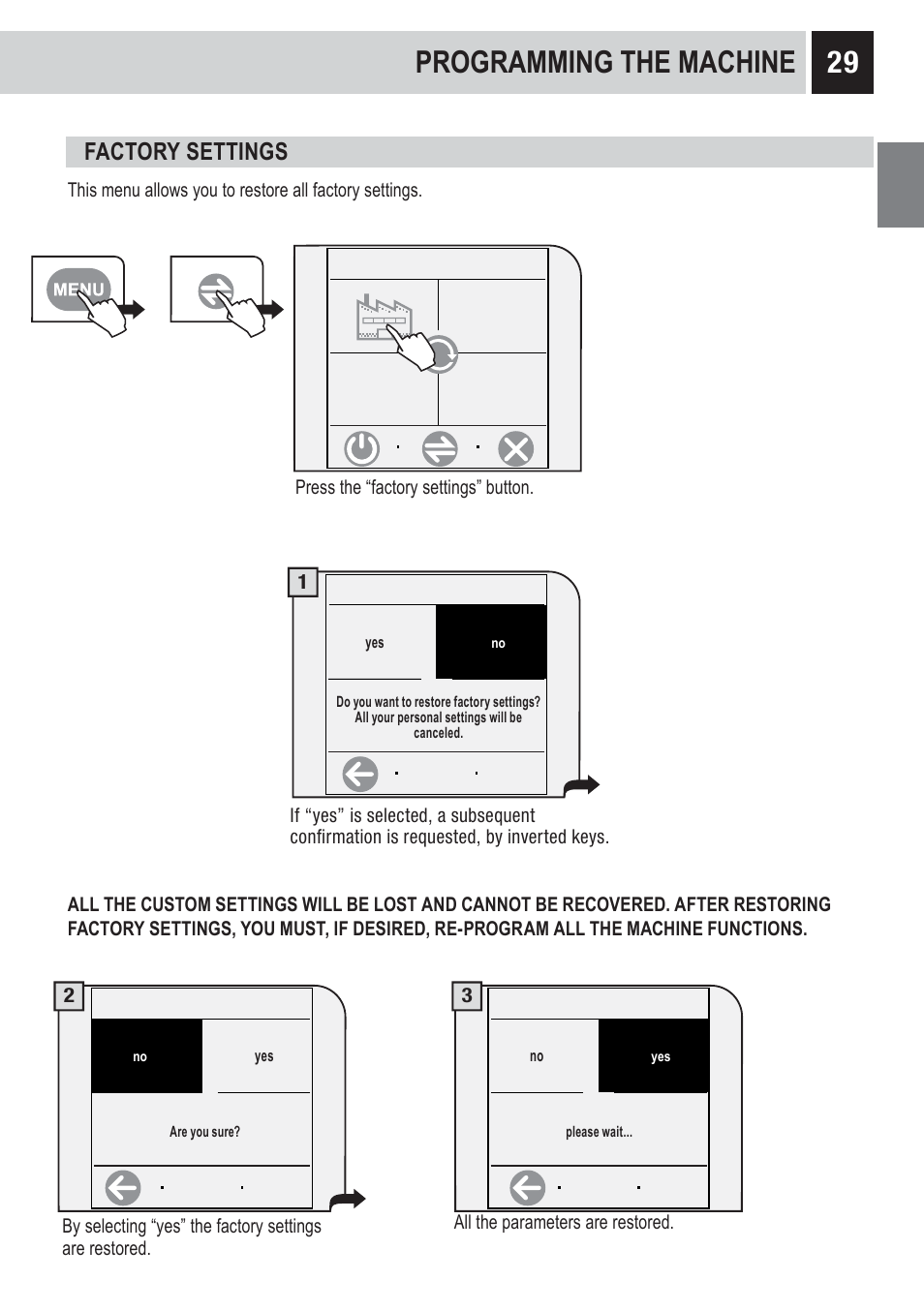 Programming the machine, Factory settings | Philips RI9828-47 User Manual | Page 31 / 40