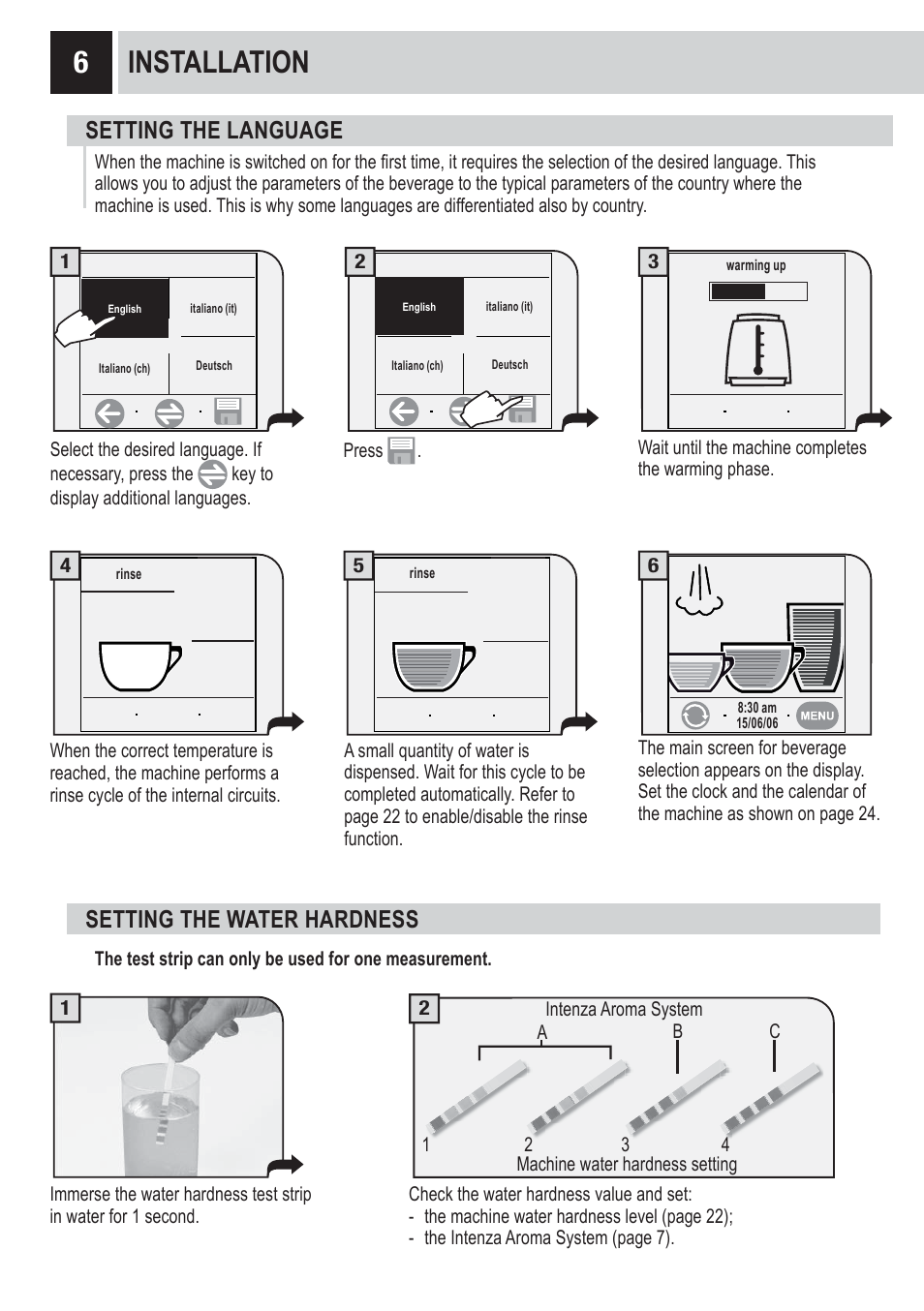 Installation, Setting the language, Setting the water hardness | Philips RI9828-47 User Manual | Page 8 / 40