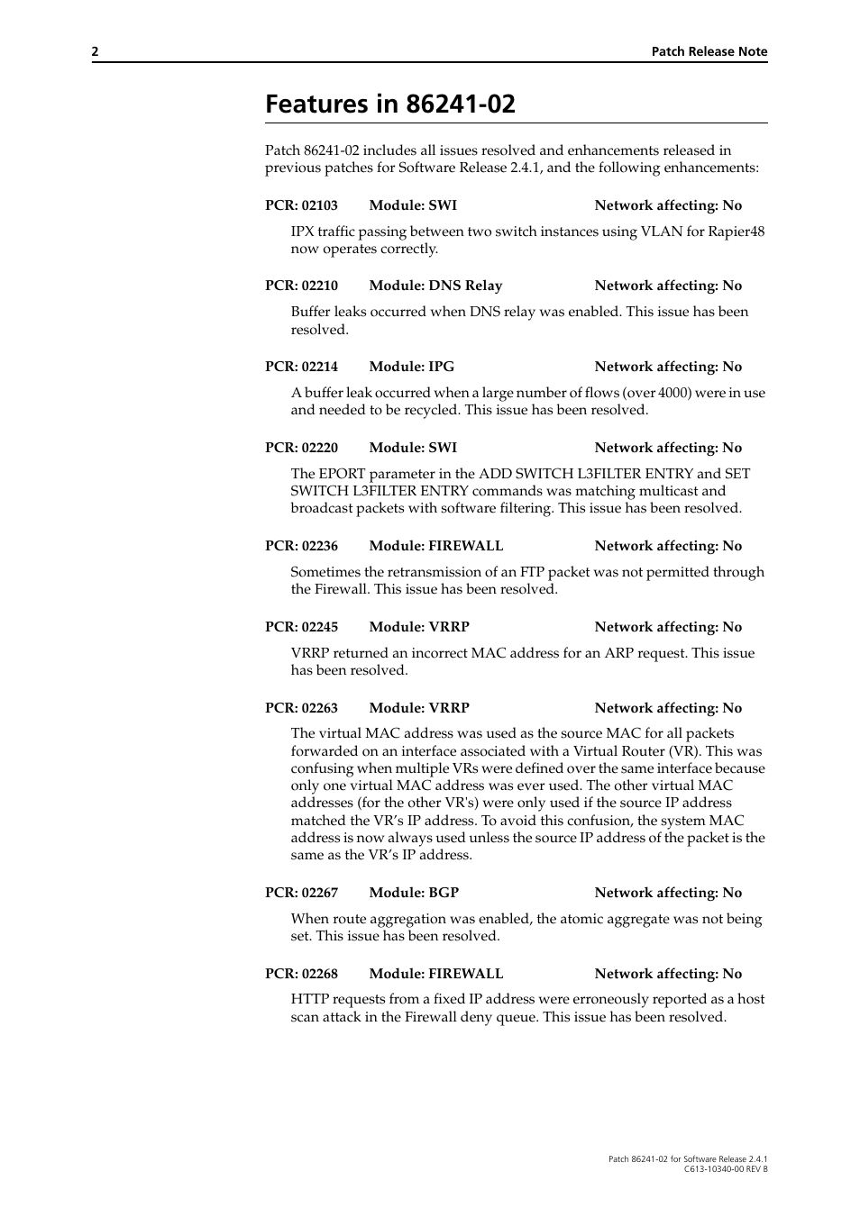 Features in 86241-02 | Allied Telesis 86241-02 User Manual | Page 2 / 12