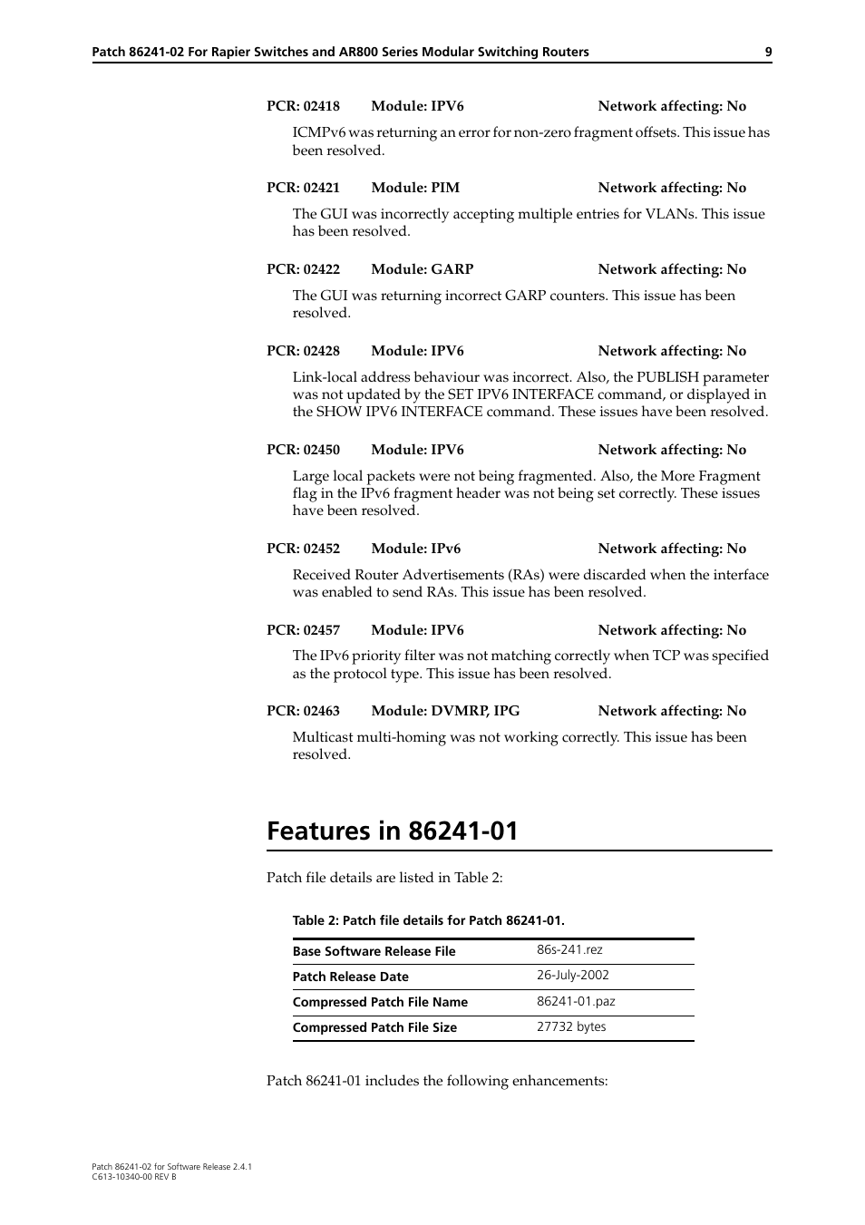 Features in 86241-01 | Allied Telesis 86241-02 User Manual | Page 9 / 12