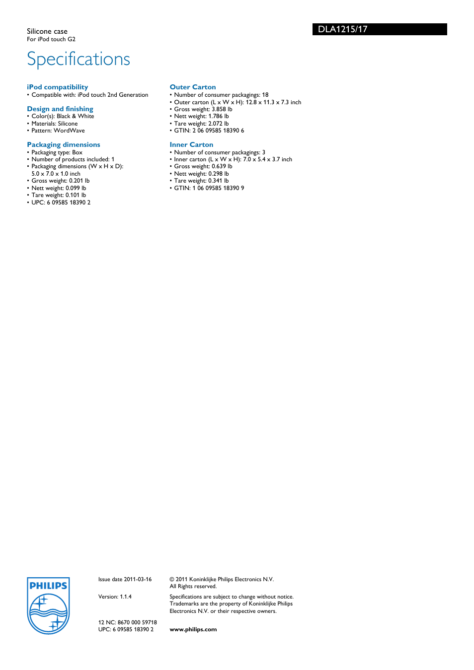 Specifications | Philips DLA1215-17 User Manual | Page 2 / 2