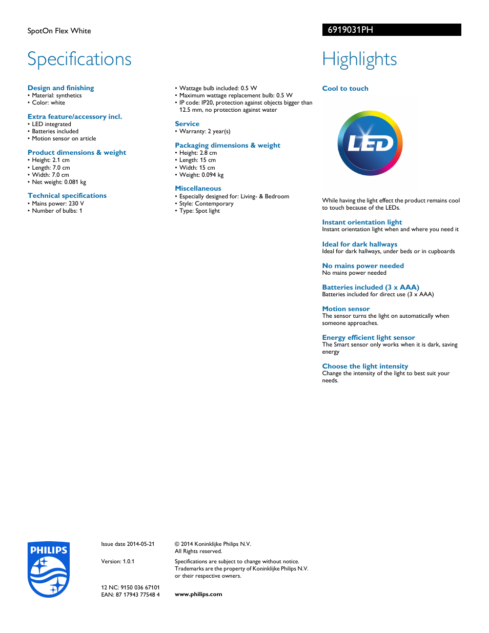 Specifications, Highlights | Philips 6919031PH User Manual | Page 2 / 2