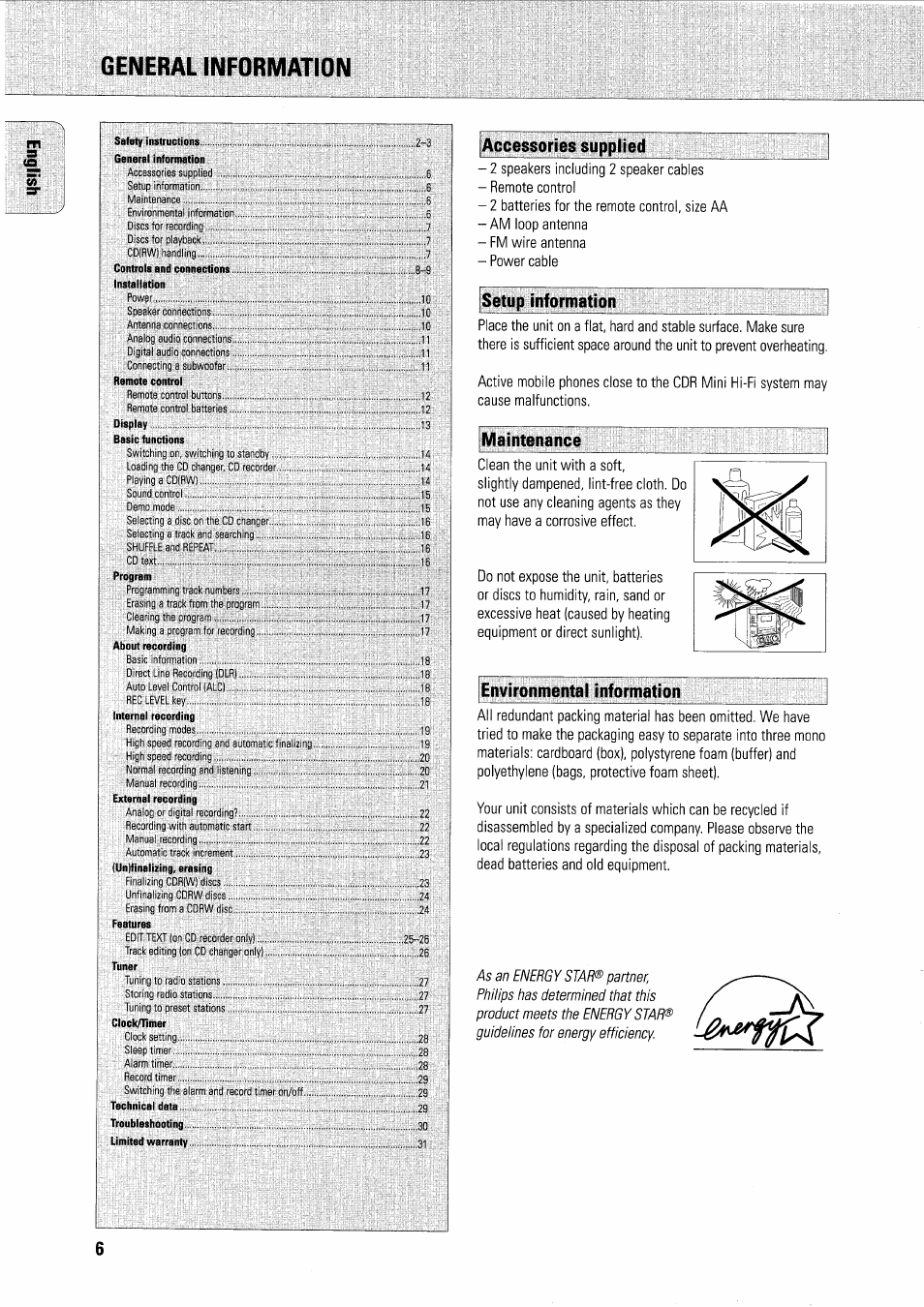 General information, Accessories supplied, Setup information | Maintenance, Environmental information | Philips FWR7R37 User Manual | Page 11 / 148