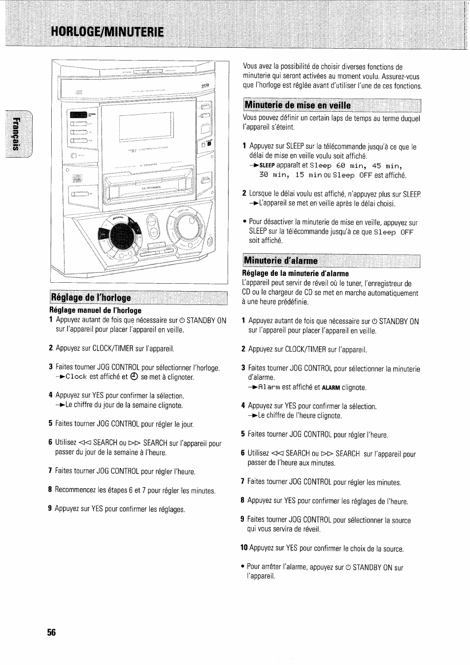 Horloge/minuterie, Réglage de l'horioge, Minuterie de mise en veille | Réglage de la minuterie d'alarme, Minuterie d'alarme | Philips FWR7R37 User Manual | Page 111 / 148