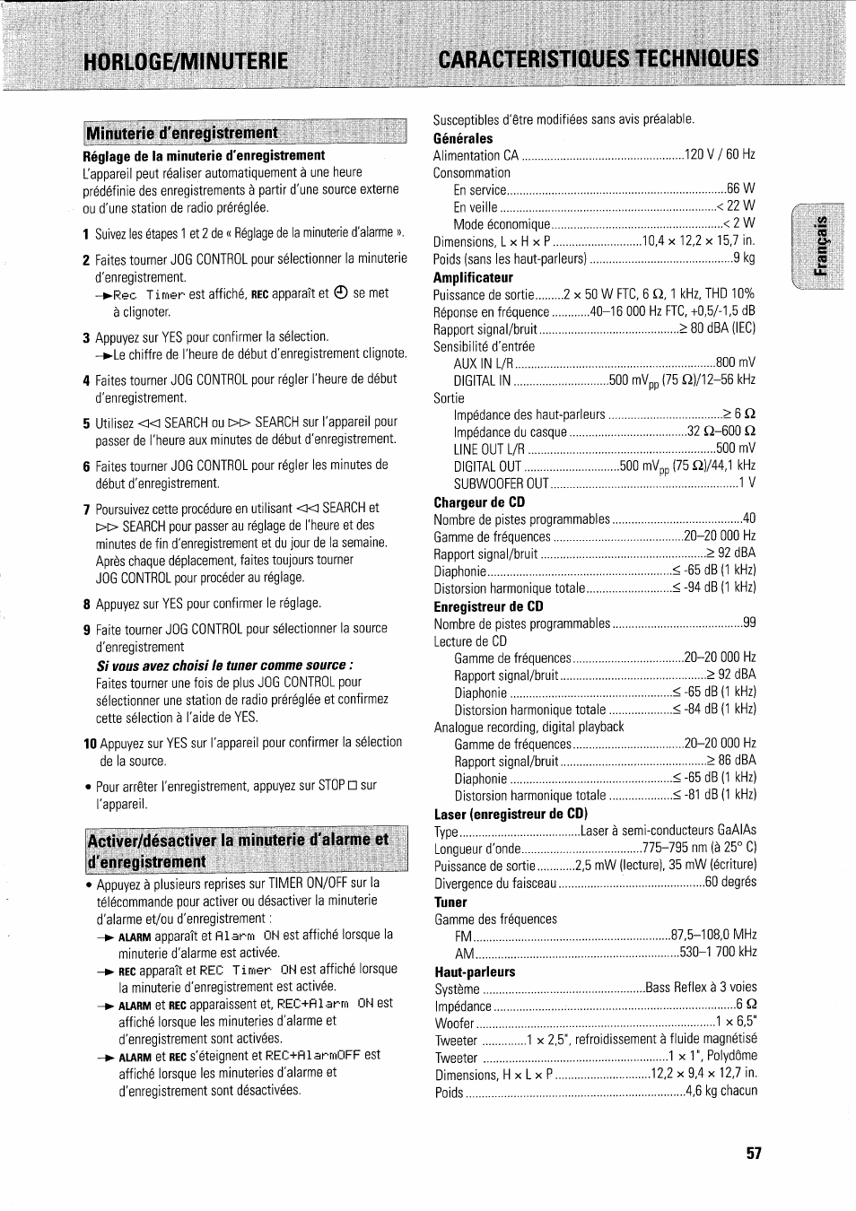 Caracteristiques techniques, Minuterie d'enregistrement, Caractéristiques techniques | Horloge/minuterie caracteristiques techniques | Philips FWR7R37 User Manual | Page 113 / 148