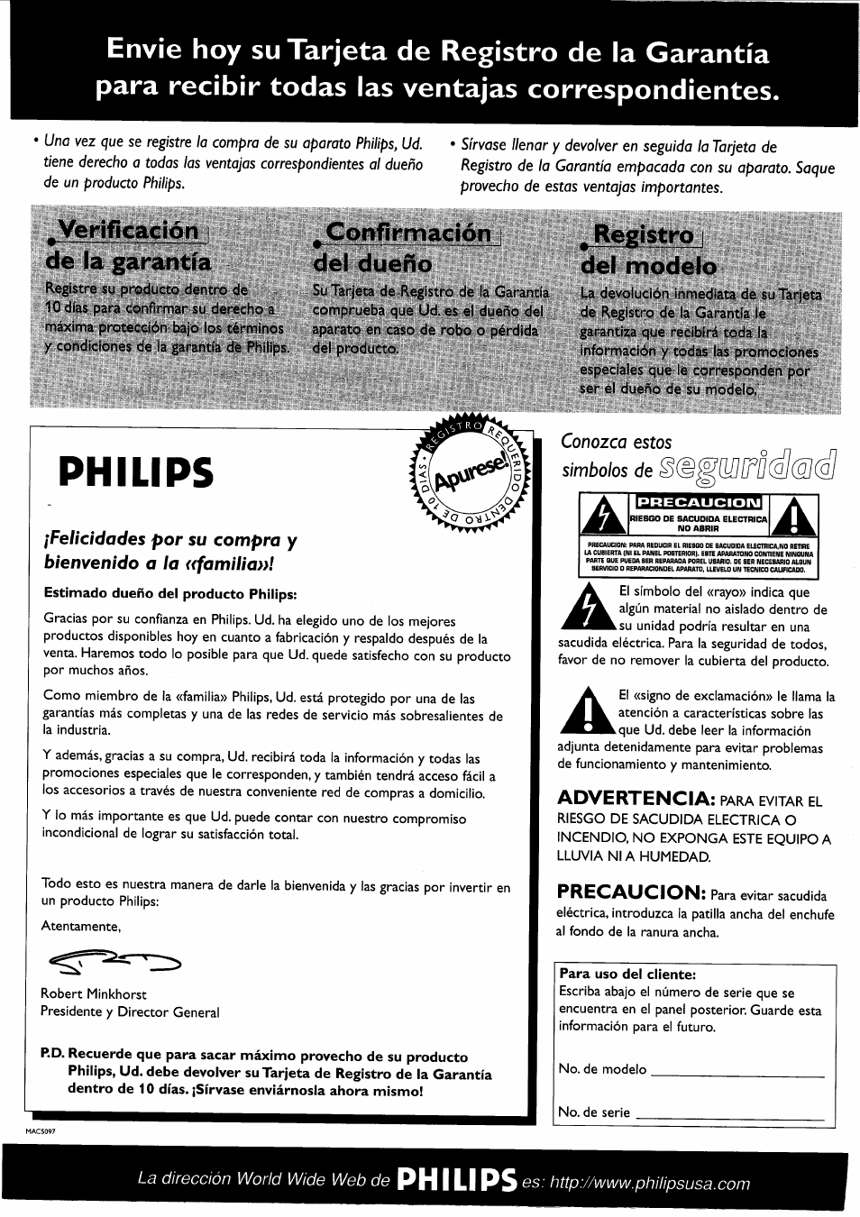 Verifica^n^ de la garantía, Confirmación del dueño, Registro i del modelo | Philips, 05/7^0 ¿/(§j, De la garantía, Advertencia, Precaucion | Philips FWR7R37 User Manual | Page 119 / 148