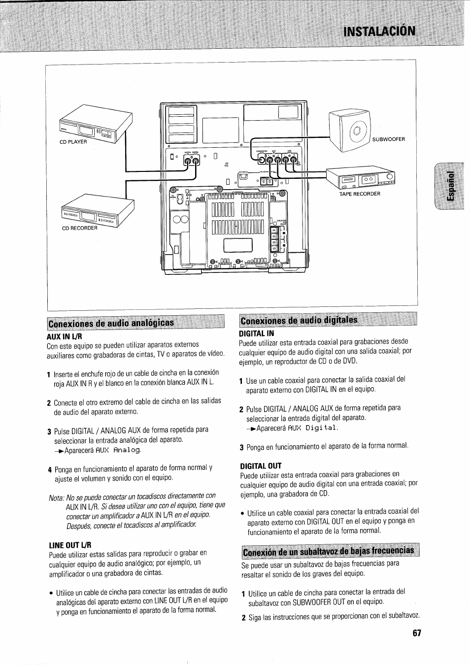 Instalacion, Conexiones de audio analógicas, Une out l7r | Conexiones de audio digitales, Digital in, Conexión de un subaltavoz de bajas frecuencias | Philips FWR7R37 User Manual | Page 127 / 148