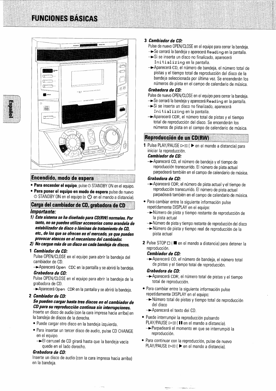 Encendido, modo de espera, Carga del cambiador de cd, grabadora de cd, Reproducción de un cd(rw) | Funciones básicas | Philips FWR7R37 User Manual | Page 130 / 148