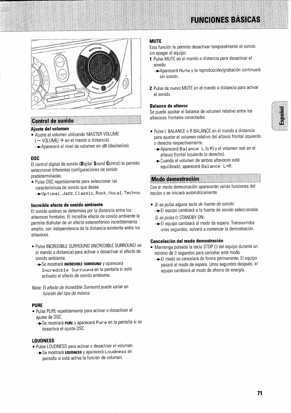 Control de sonido, Increíble efecto de sonido ambiente, Mute | Balance de altavoz, Modo demostración j, Cancelación del modo demostración, Pure, Loudness, Control de sonido modo demostración, Funciones basicas | Philips FWR7R37 User Manual | Page 131 / 148