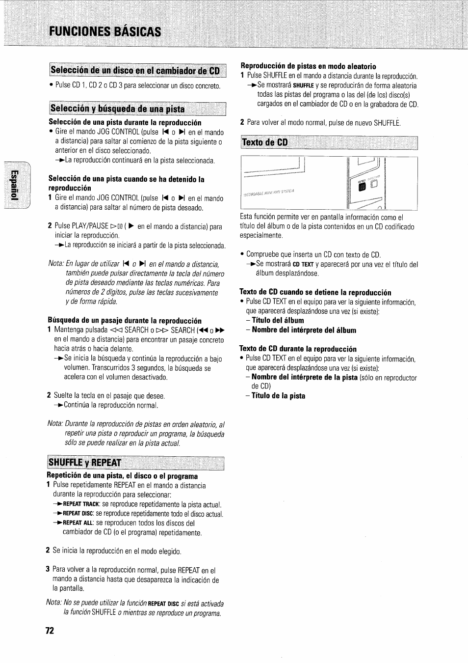 Selección y búsqueda de una pista, Selección de una pista cuando se ha detenido la, Búsqueda de un pasaje durante la reproducción | Reproducción de pistas en modo aleatorio, Texto de cd cuando se detiene la reproducción, Texto de cd durante la reproducción, Shuffle y repeat, Repetición de una pista, el disco o el programa, Selección y búsqueda de una pista shuffle y repeat, Funciones basicas | Philips FWR7R37 User Manual | Page 132 / 148