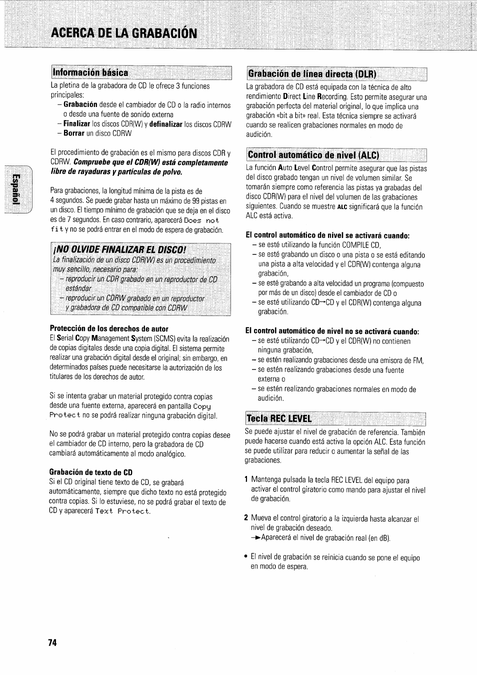 Acerca de la gl, Información básica, Grabación de línea directa (dlr) | Protección de los derechos de autor, Grabación de texto de cd, El control automático de nivel se activará cuando, Disco | Philips FWR7R37 User Manual | Page 134 / 148