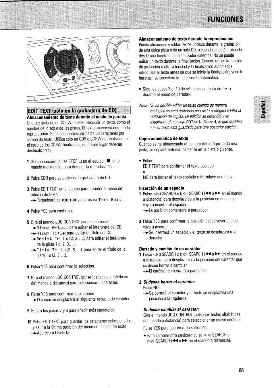 Funciones, Edit text (sólo en la grabadora de cd), Almacenamiento de texto durante la reproducción | Copia automática de texto, Borrado y cambio de un carácter, Edit text (sólo en la grabadora de cd) -82 | Philips FWR7R37 User Manual | Page 141 / 148