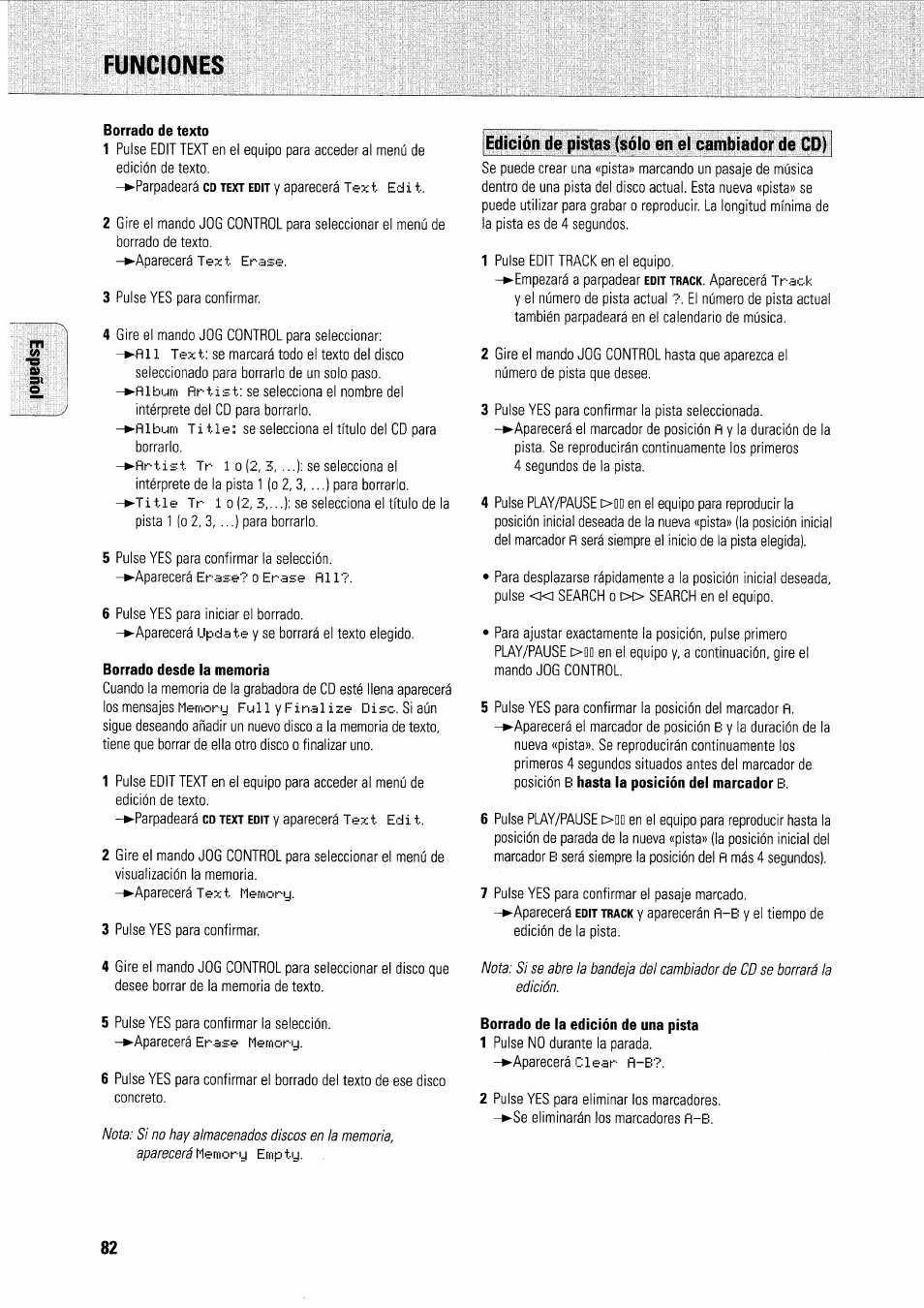 Funciones, Borrado de texto, Borrado desde la memoria | I edición de pistas (sólo en el cambiador de cd), Borrado de la edición de una pista, Edición de pistas (sólo en el cambiador de cd) | Philips FWR7R37 User Manual | Page 142 / 148