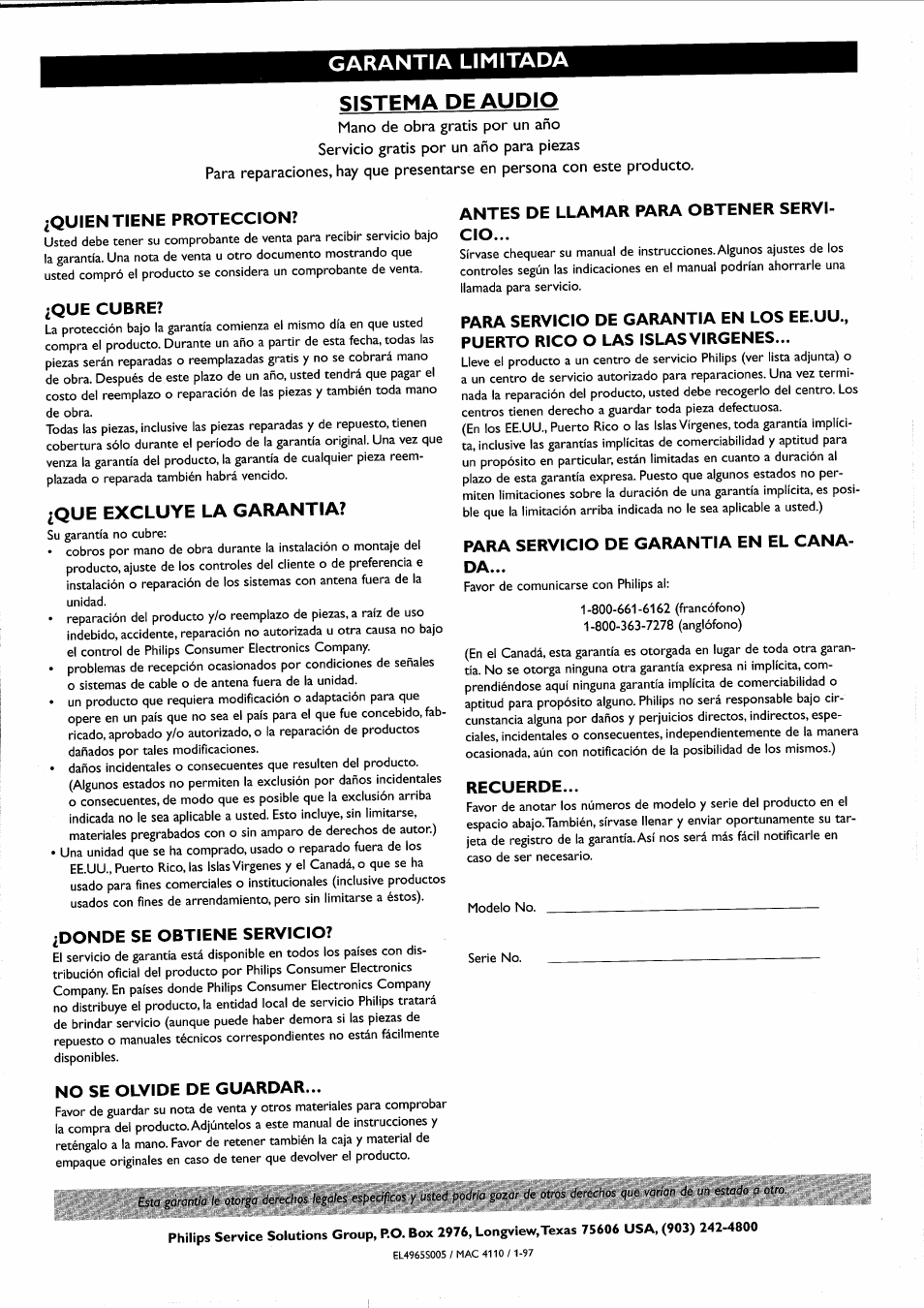 Quien tiene proteccion, Que cubre, Que excluye la garantia | Donde se obtiene servicio, No se olvide de guardar, Antes de llamar para obtener servicio, Para servicio de garantia en el canada, Recuerde, Antes de llamar para obtener servi­ cio, Para servicio de garantia en el cana­ da | Philips FWR7R37 User Manual | Page 147 / 148