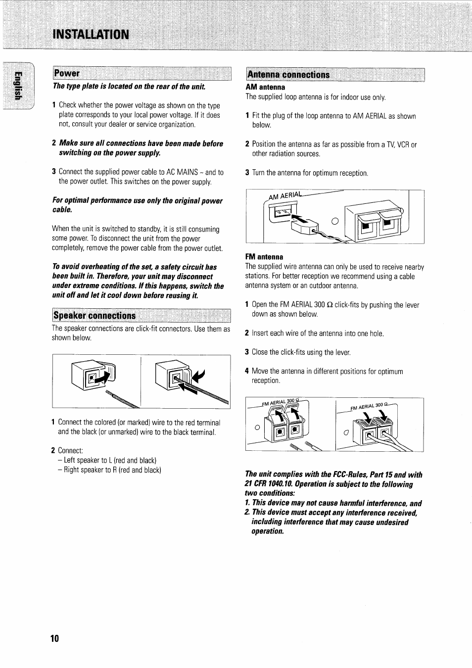 Installation, Antenna connections, Speaker connections | Fm antenna | Philips FWR7R37 User Manual | Page 19 / 148