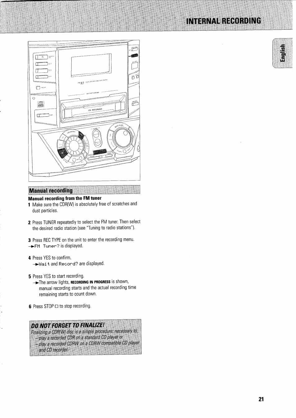 Manual recording, Internal recording, Do not forget to finalize | Philips FWR7R37 User Manual | Page 41 / 148