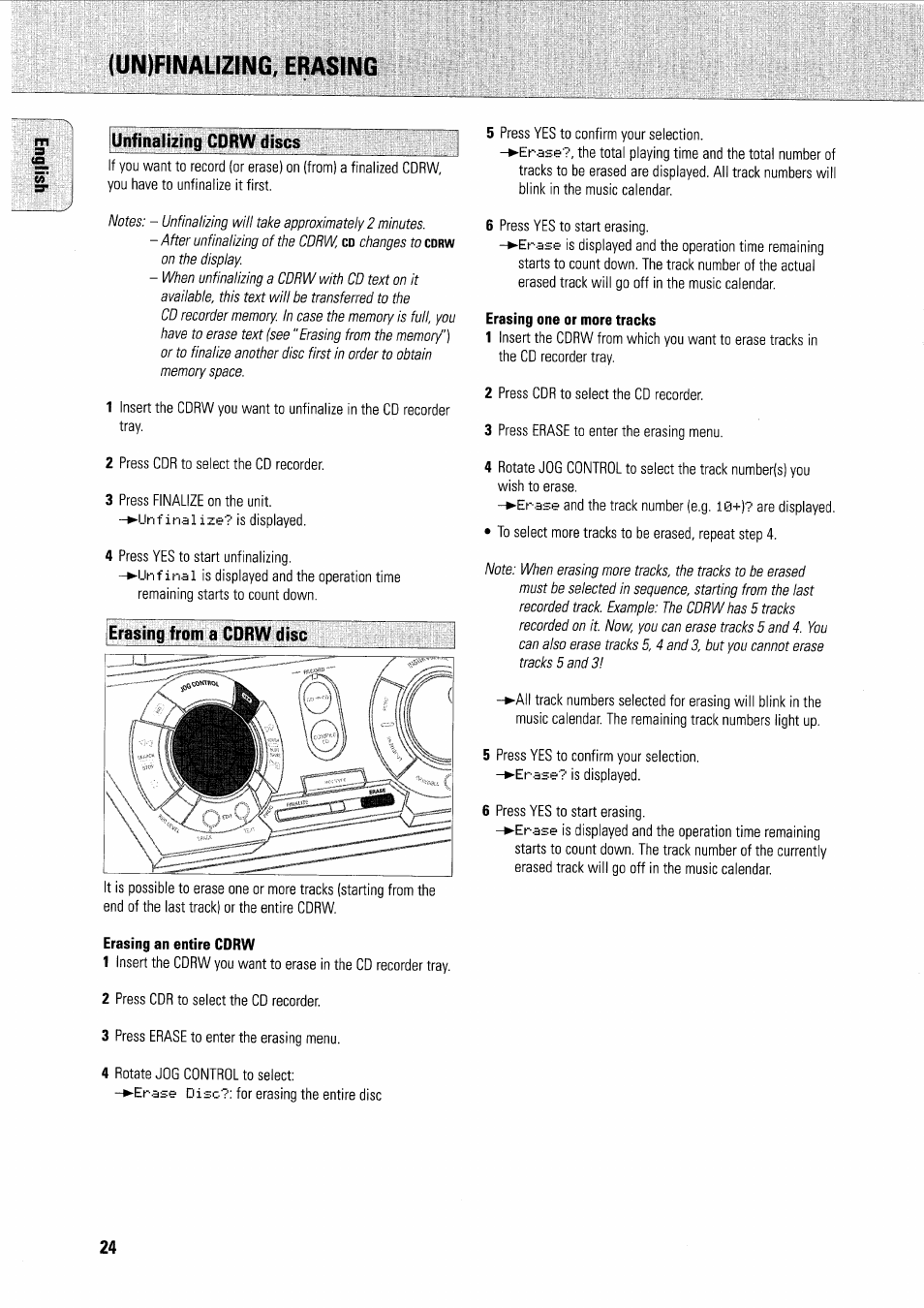 Un)finalizing, erasing, Unfinalizing cdrw discs, Erasing an entire cdrw | Erasing one or more tracks, Erasing from a cdrw disc | Philips FWR7R37 User Manual | Page 47 / 148