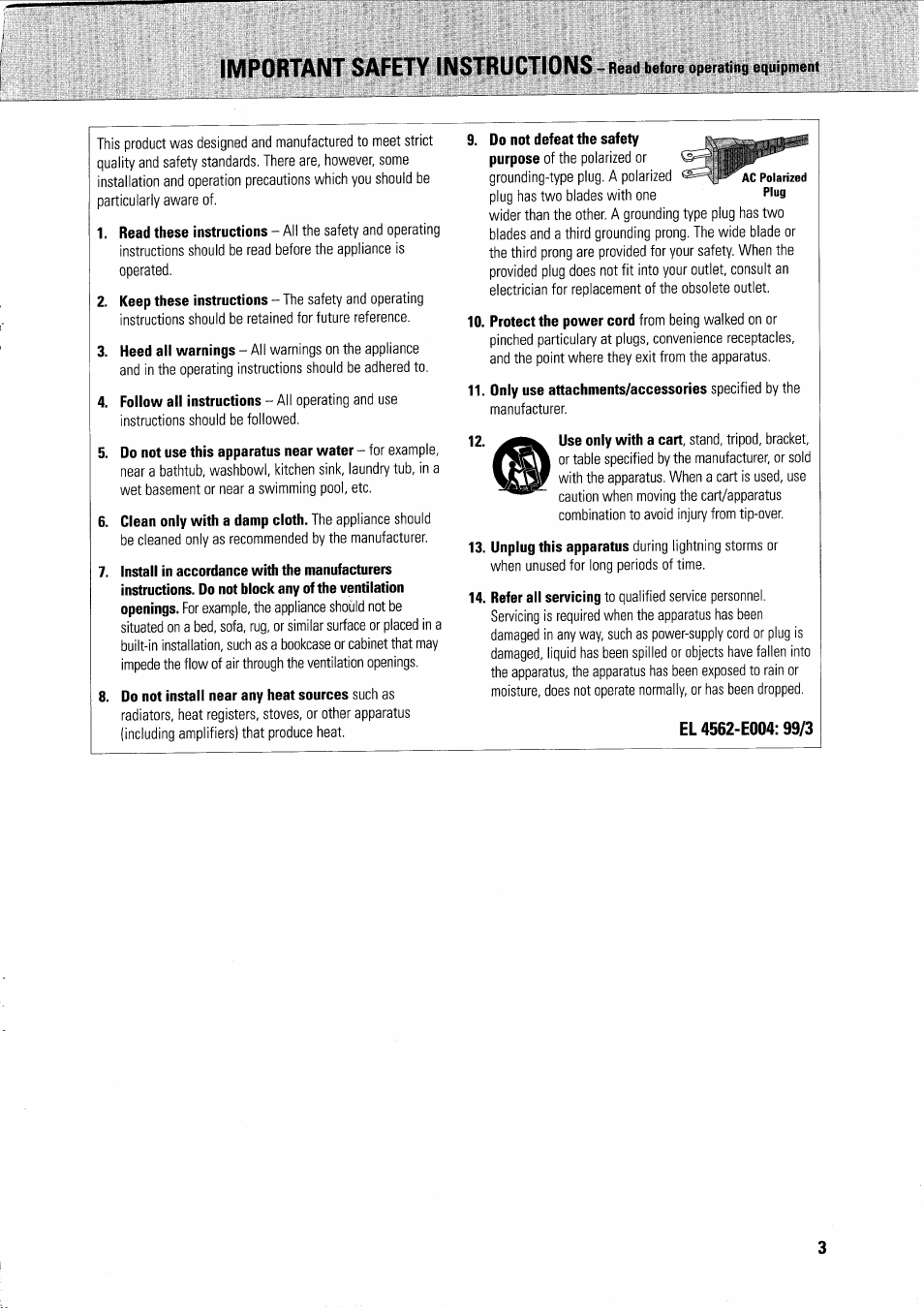 El 4562-e004:99/3, Important safety instructions, Read before operating equipment | Philips FWR7R37 User Manual | Page 5 / 148