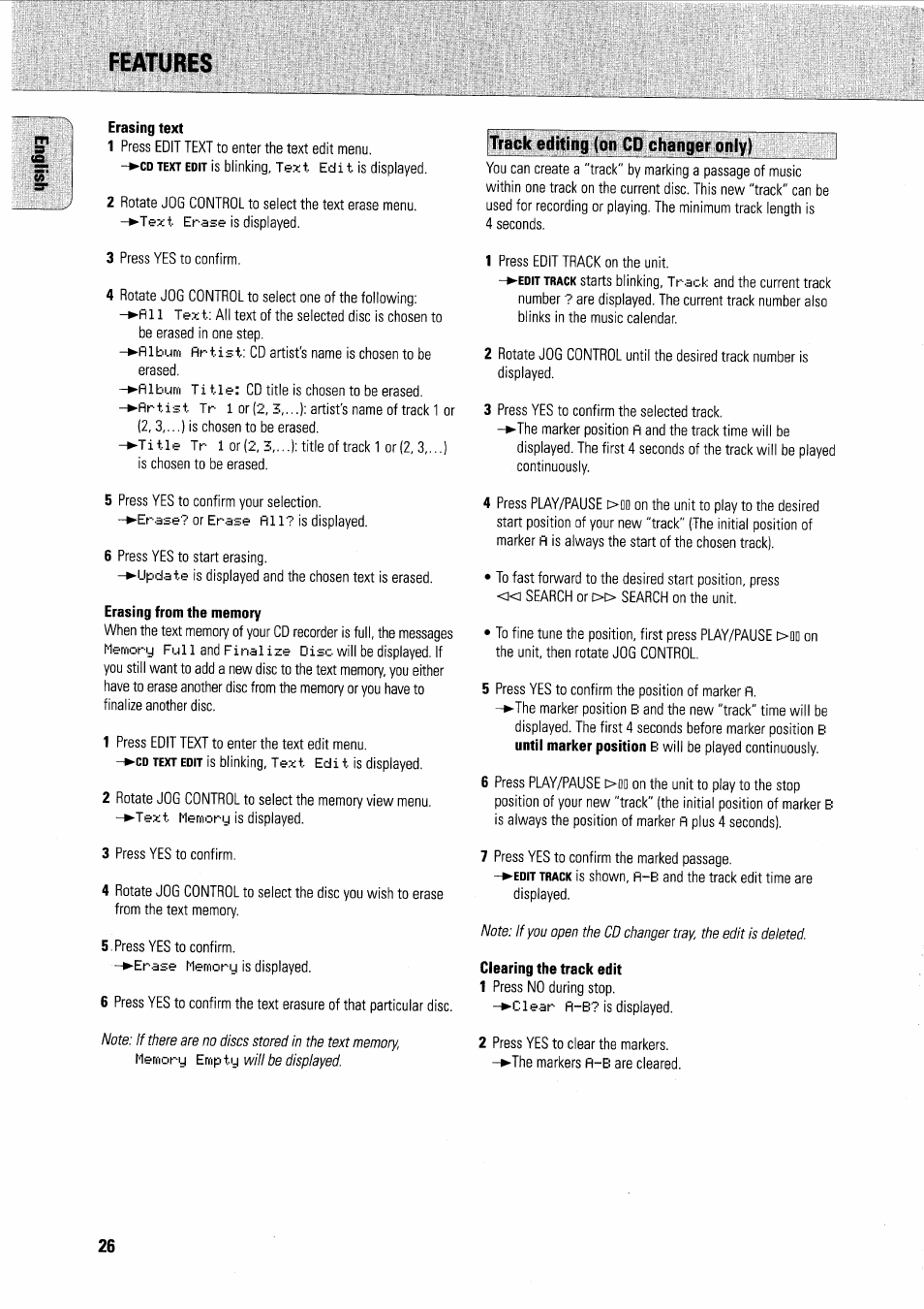 Features, Erasing text, Erasing from the memory | Track editing (on cd changer only), Clearing the track edit | Philips FWR7R37 User Manual | Page 51 / 148